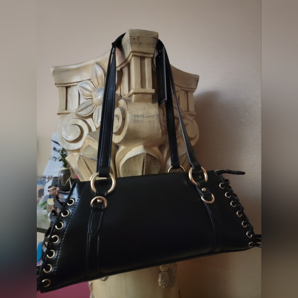 La Terre Black Shoulder Satchel with Gold Hardware & Braided Detail, NWT